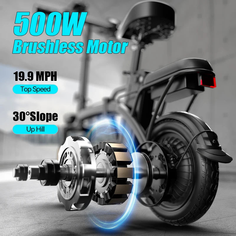Close-up of an electric bike's brushless motor with specifications displayed.