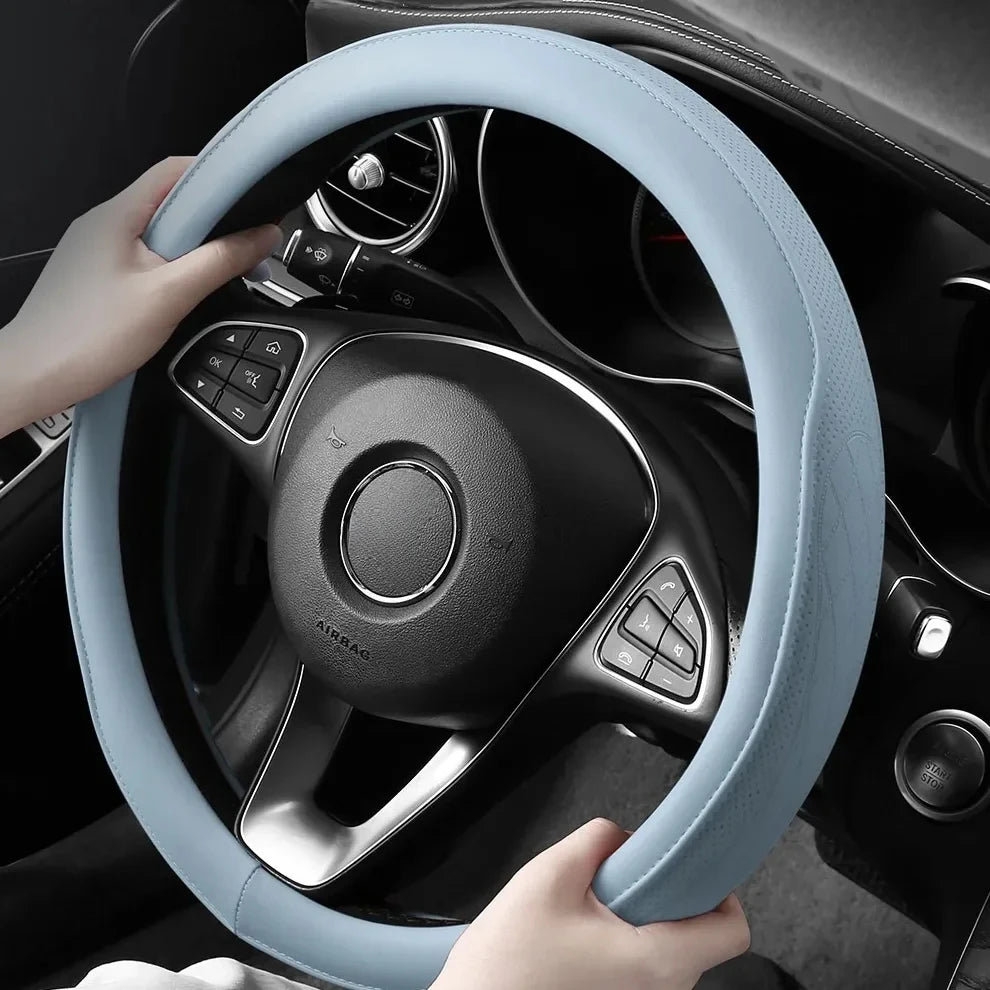 Embossed PU Leather Patchwork Car Steering Wheel Cover Anti-Slip Comfort