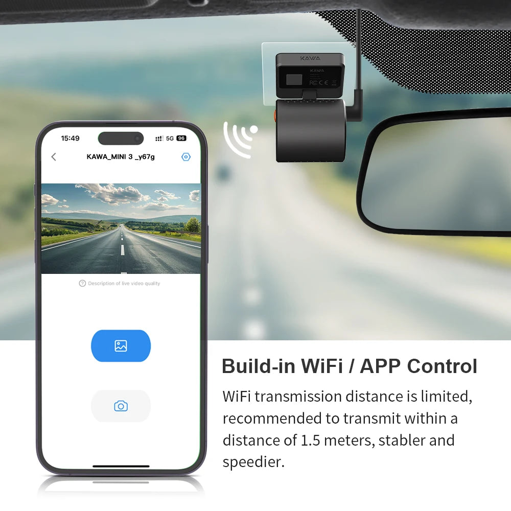 Car dashboard with a camera and smartphone displaying app interface, emphasizing WiFi and APP control features.