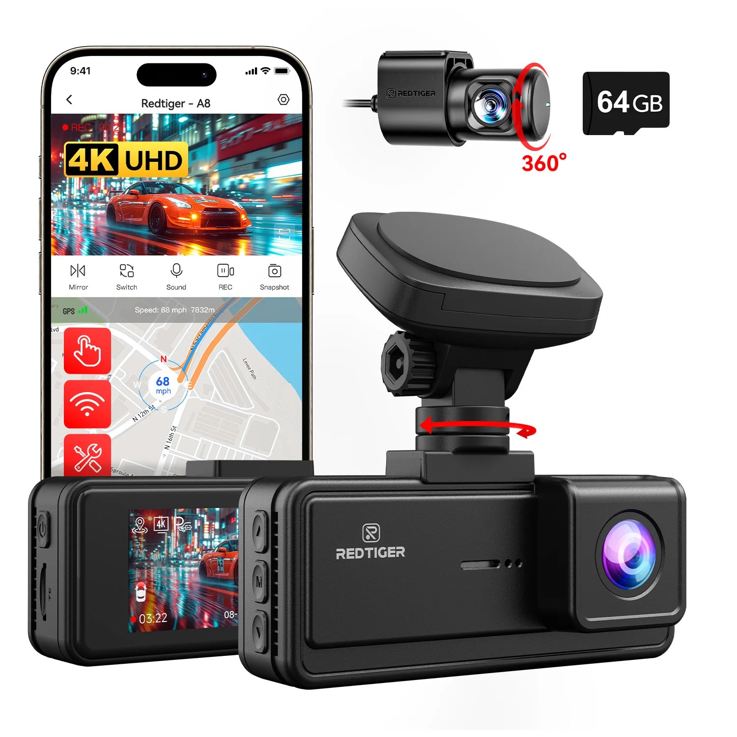Black REDTIGER dashcam with a mounted bracket, shown alongside a smartphone displaying a 4K UHD app screen, a small inset of the camera with a red highlighted lens area and 360° text, and a 64GB memory card on a white background.