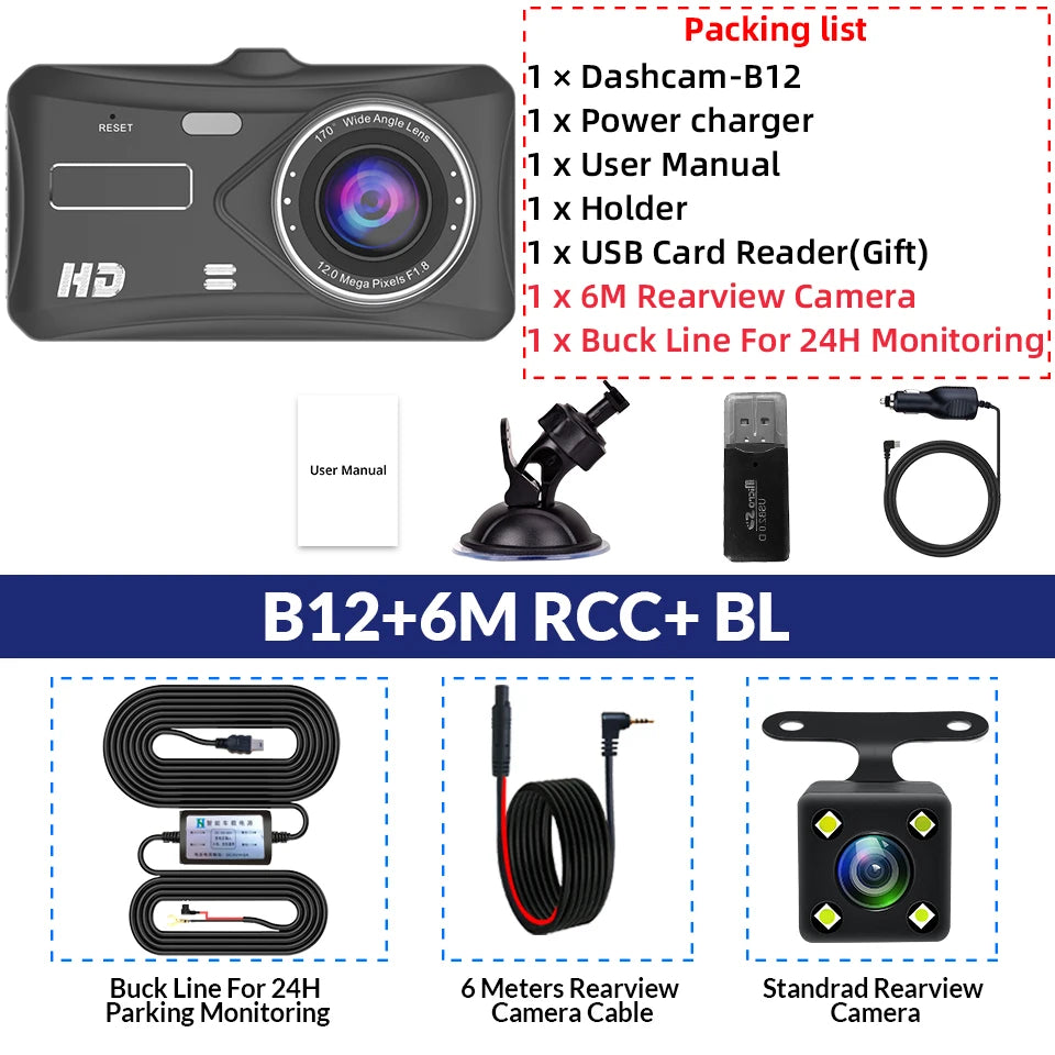 Black dashcam with suction mount, USB receiver, buck line, 6-meter rearview camera cable, user manual, and a packing list on a white background.