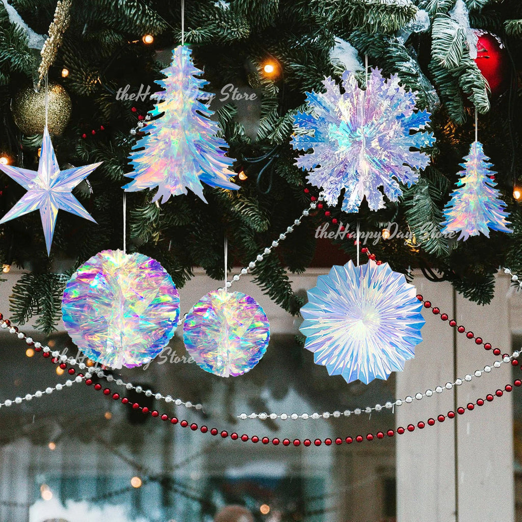 Christmas Iridescent Honeycomb Ball Hanging Ornaments Paper Fan Snowflake Garlands Iridescent Balls for Wedding Birthday Xmas