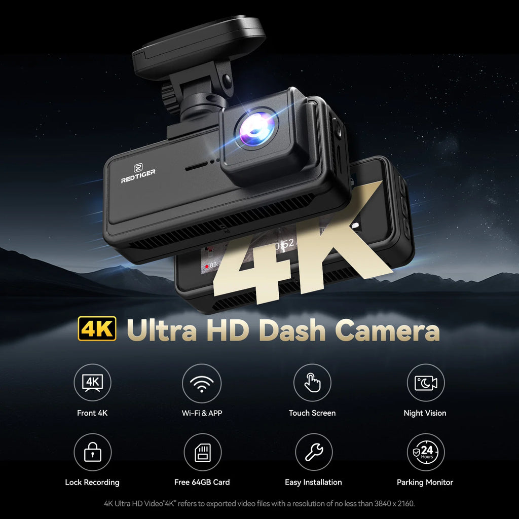 A black 4K ultra HD dash camera shown at an angle against a dark night sky and mountain background, with large '4K' text and feature icons below. The camera body has a visible 'NEXT TIGER' logo.   Product is a REDTIGER A8 4K+1080P ADAS Dash Cam 3.18" IPS Touch Screen Front And Rear Car Camera Built-in WiFi And GPS Car DVR Night Vision.