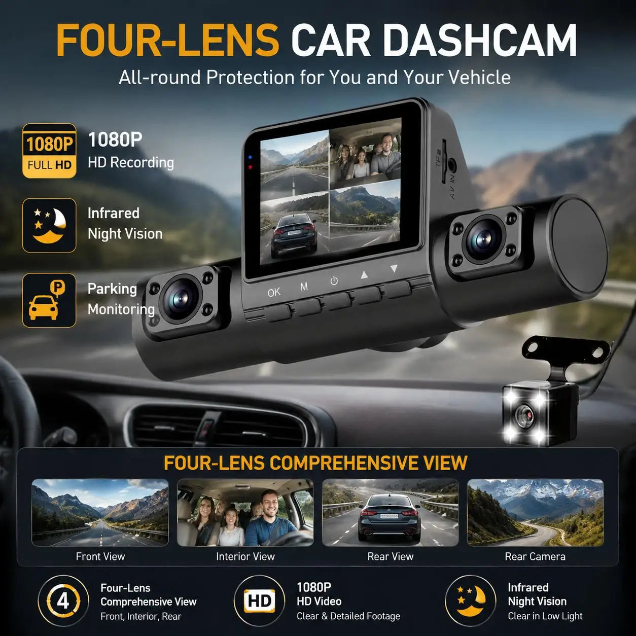 A four-lens car dashcam shown mounted inside a vehicle dashboard, with promotional text highlighting 1080P full HD recording, infrared night vision, parking monitoring, and comprehensive four-lens views. The product is black with a glossy finish and multiple lens elements.