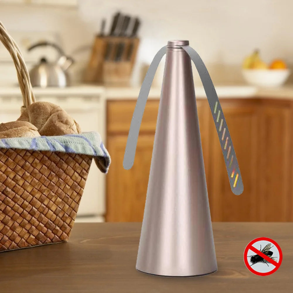 Cone shaped bug | insect | fly fan for table top. Soft blades are plastic and rotate on top to keep bugs and pests away with a USB or batteries available in silver, black or gold.