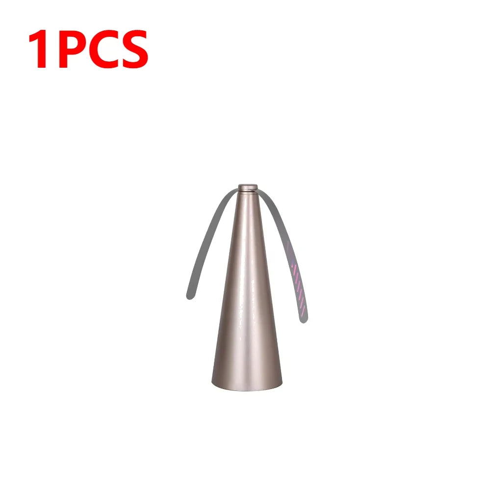 Cone shaped bug | insect | fly fan for table top. Soft blades are plastic and rotate on top to keep bugs and pests away with a USB or batteries available in silver, black or gold.