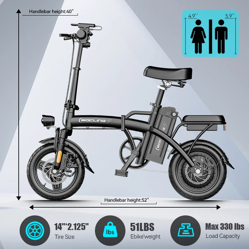Black electric bike with measurements and specifications on a gray background