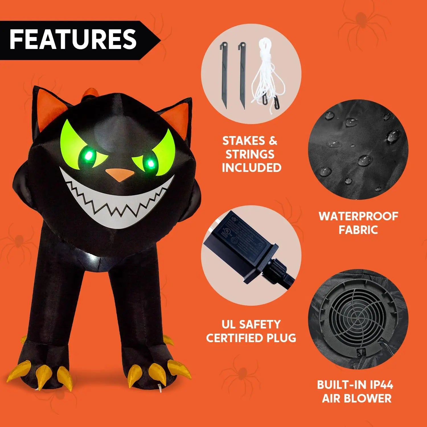 A 7-ft inflatable black cat with moving / animated head for yard or lawn.