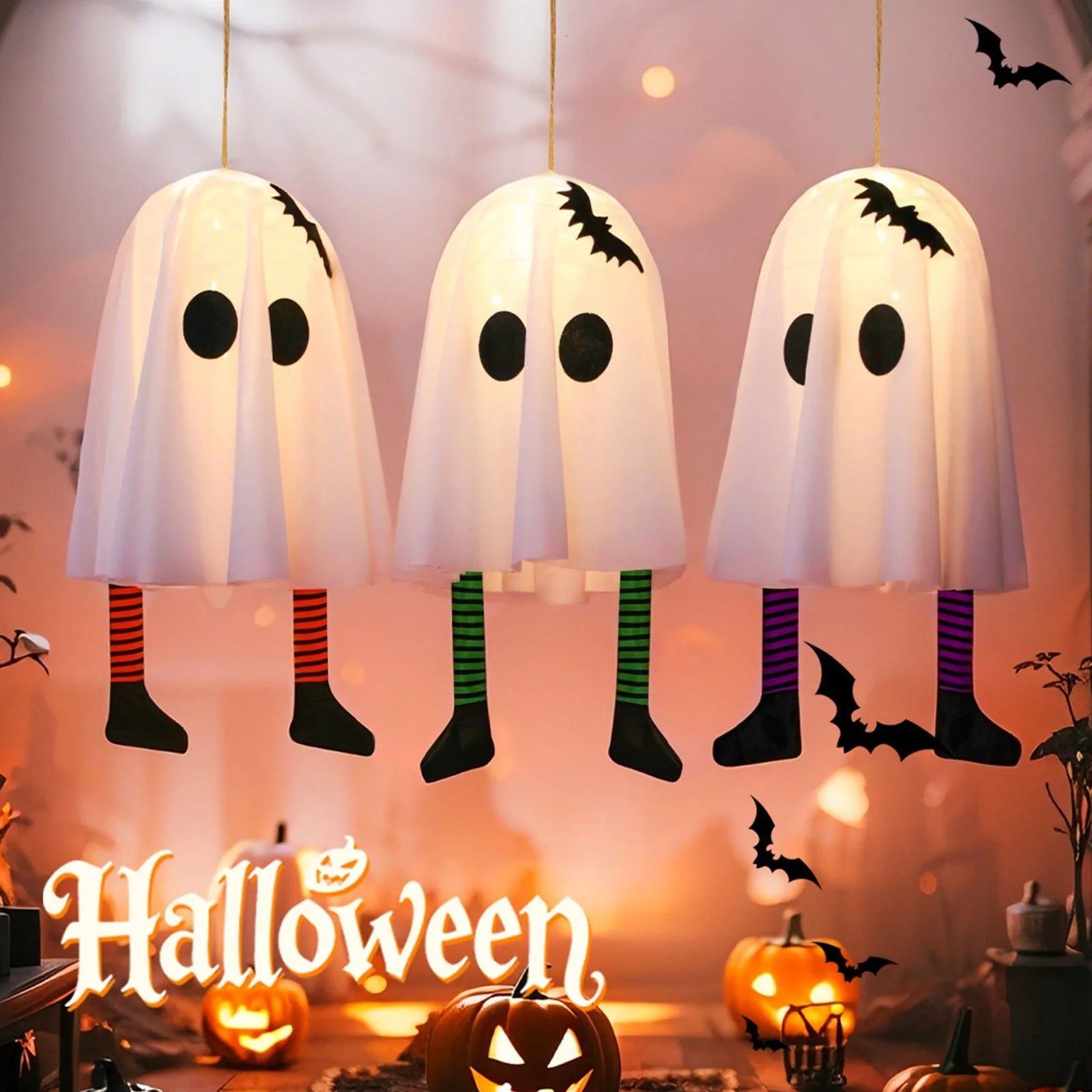 Halloween Glowing White Ghost Hanging Lights Outdoor Decoration 50cm