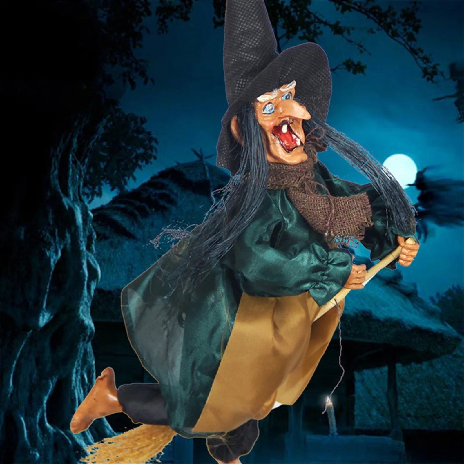 Halloween Hanging Broom Witch Spooky Decor Sound Props Scary Electric Haunted House