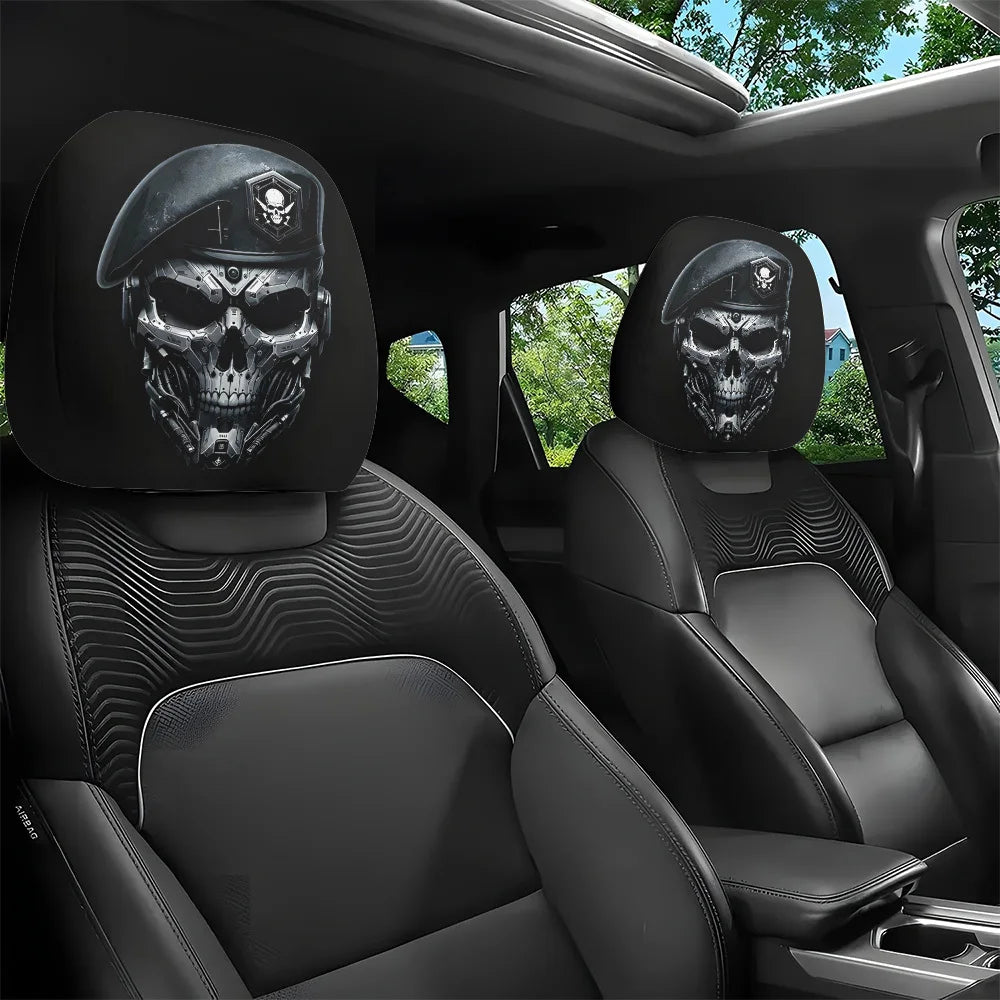 2pcs, Mechanical Skull Print Car Headrest Covers,  Elastic Design, 3D Realistic Printing,
