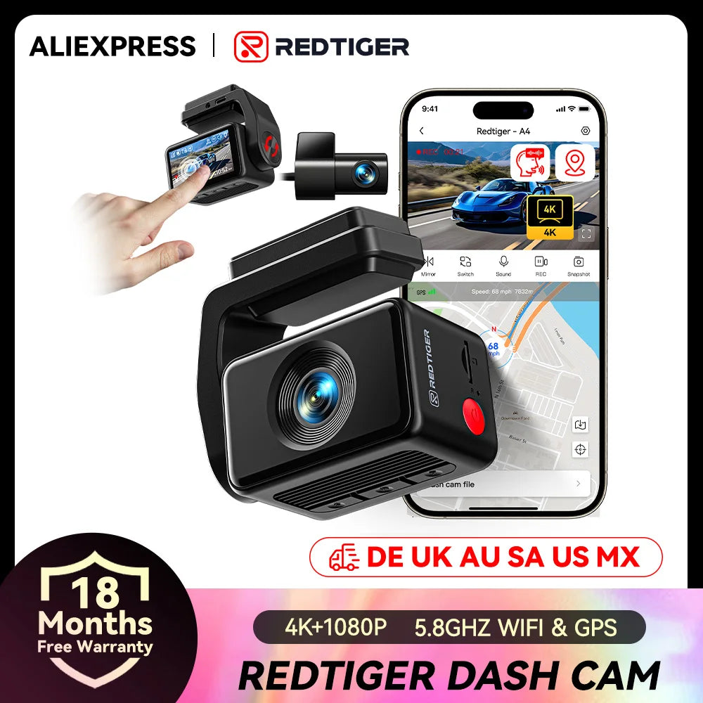 Redtiger dash cam with smartphone app interface on a white background.  Product is a REDTIGER A4 Dash Camera Front and Rear 4k Dash Cam  Drive Recorder for WiFi GPS.
