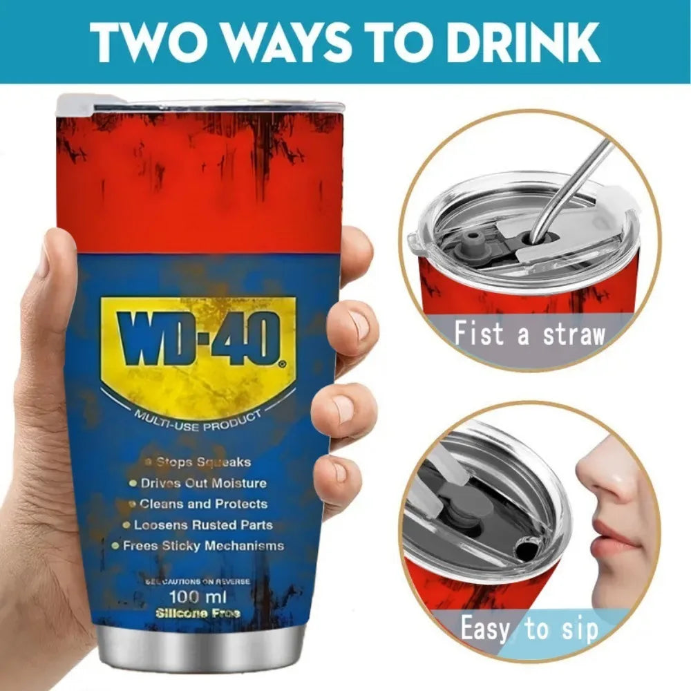 WD-40 Travel Mug, weathered, insulated, looks like the original WD 40 Can