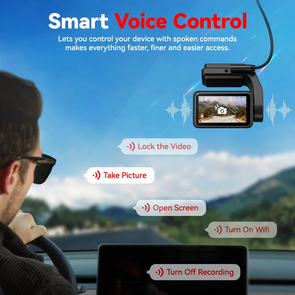 Car dashboard with a smart device displaying 'Smart Voice Control' features, including lock video, take picture, open screen, turn on wifi, and turn off recording.  Product is a REDTIGER A4 Dash Camera Front and Rear 4k Dash Cam  Drive Recorder for WiFi GPS.