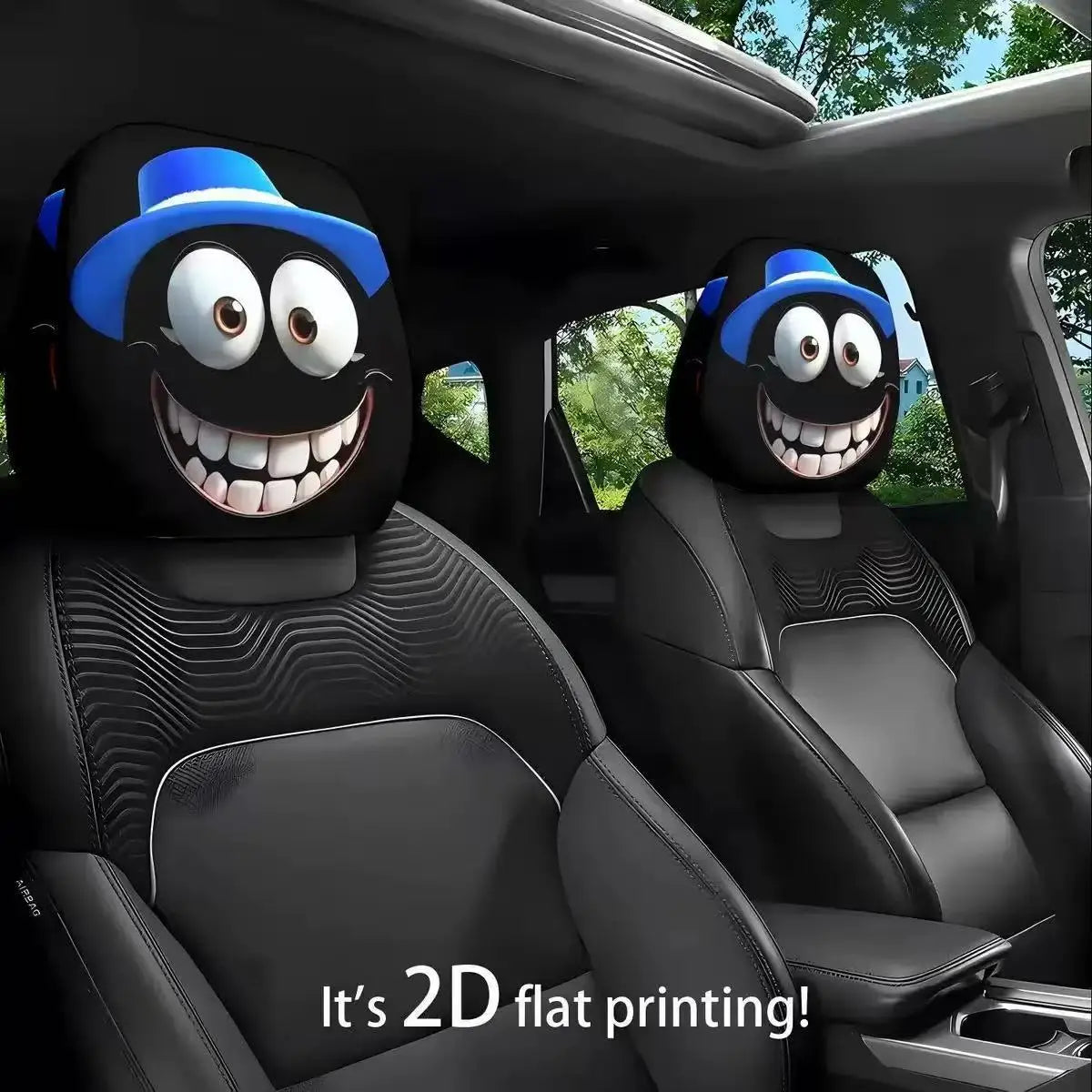 Car headrest covers with cartoon character design in a vehicle interior.