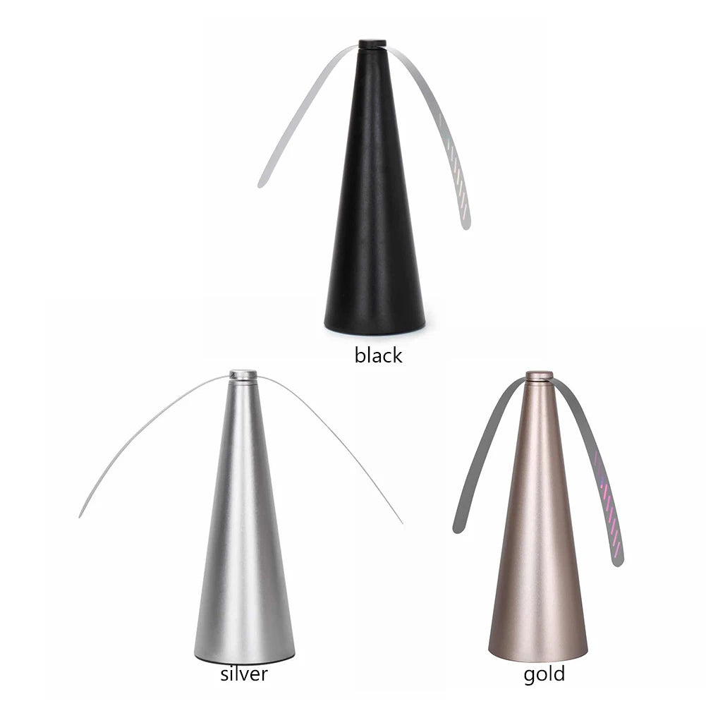 Cone shaped bug | insect | fly fan for table top. Soft blades are plastic and rotate on top to keep bugs and pests away with a USB or batteries available in silver, black or gold.