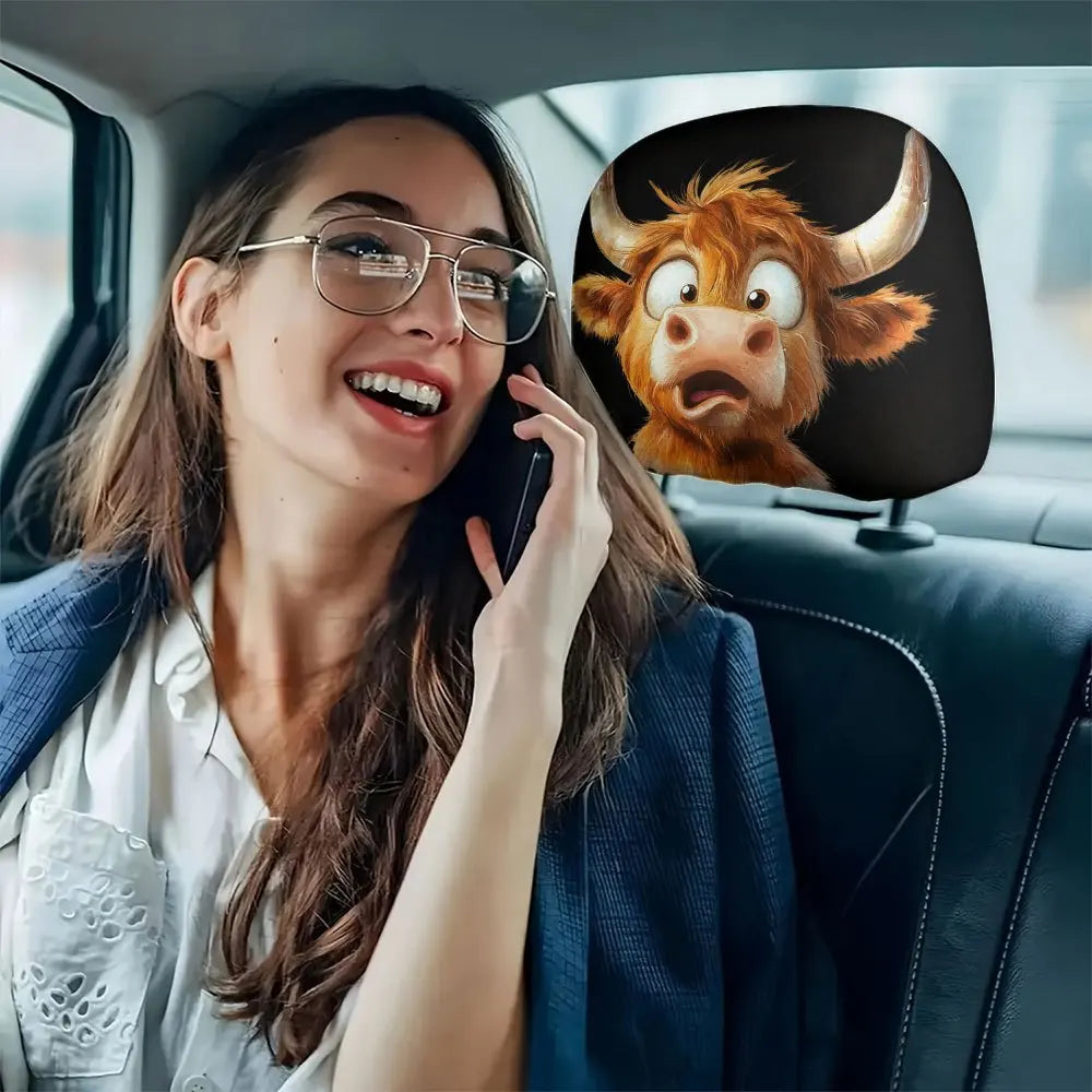 2pcs Funny Cartoon Cow Print Car Headrest Covers | Polyester, Washable, Easy Installation