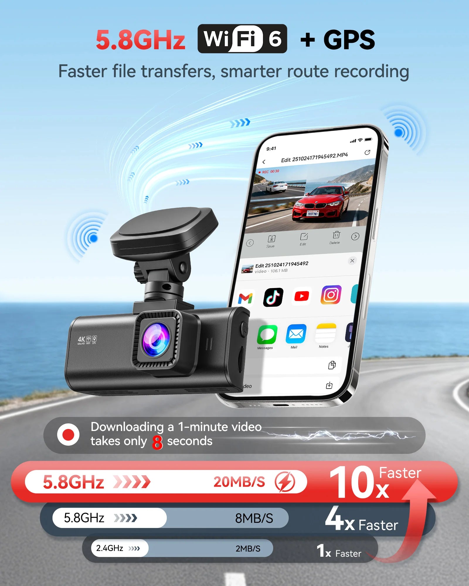 Car dashboard camera with smartphone displaying app interface on a road background REDTIGER F7N Dash Camera Front and Rear 4k Dash Cam  Drive Recorder for WiFi GPS