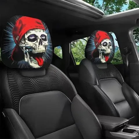 Car interior with skull-themed headrest covers featuring a red bandana and colorful design.