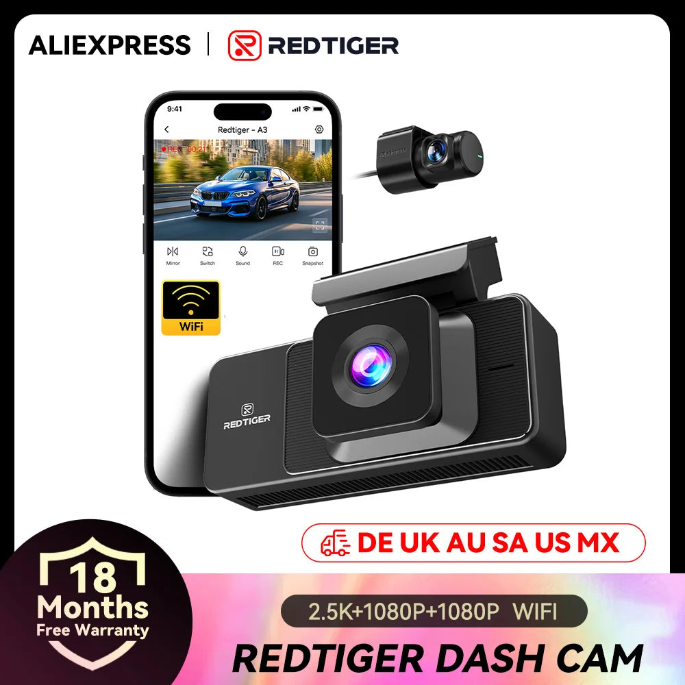 Redtiger dash cam with smartphone app interface on a white background