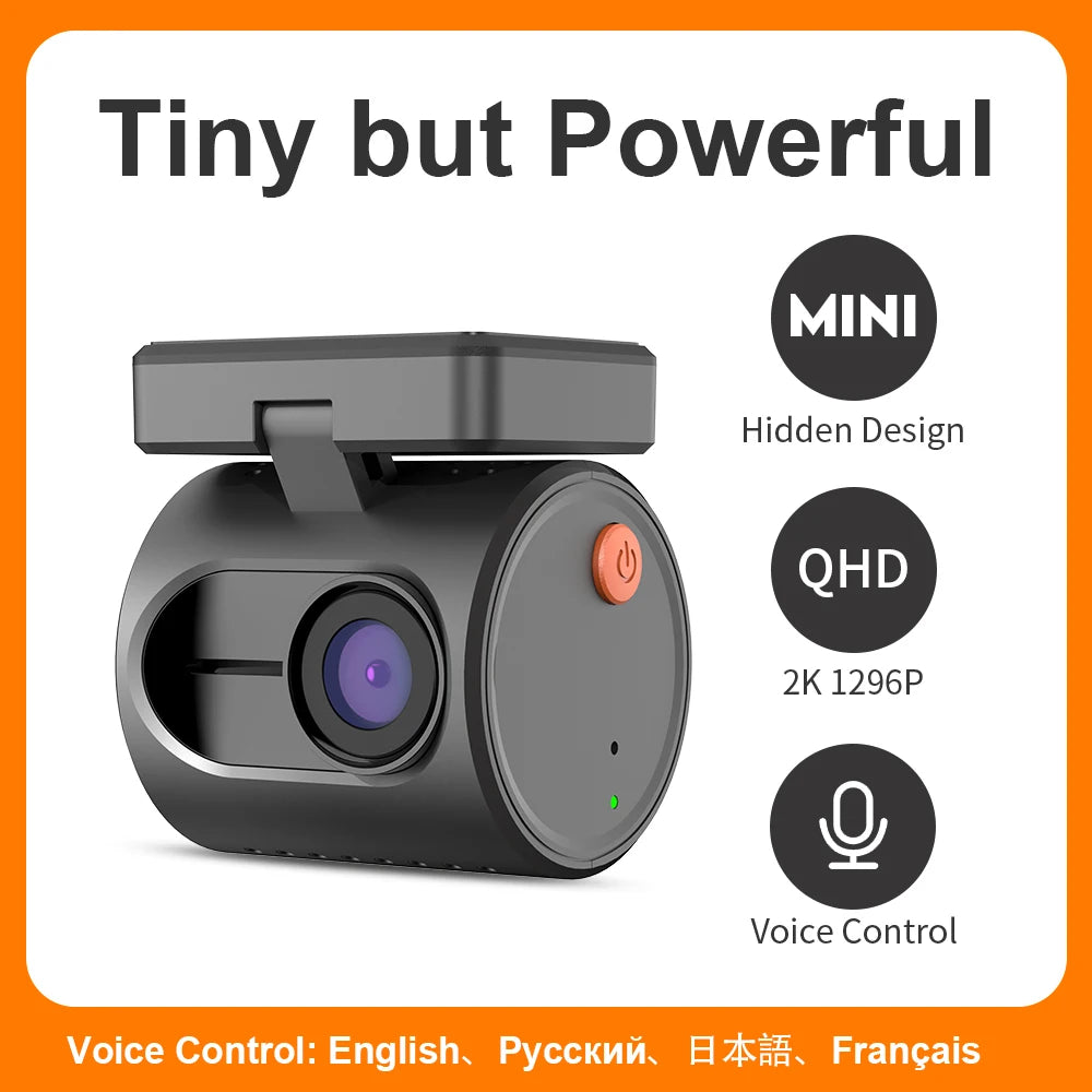 Small camera with features highlighted on a white background 2K Dash Camera For Cars DVR KAWA Dash Cam MINI 3 Video Recorder