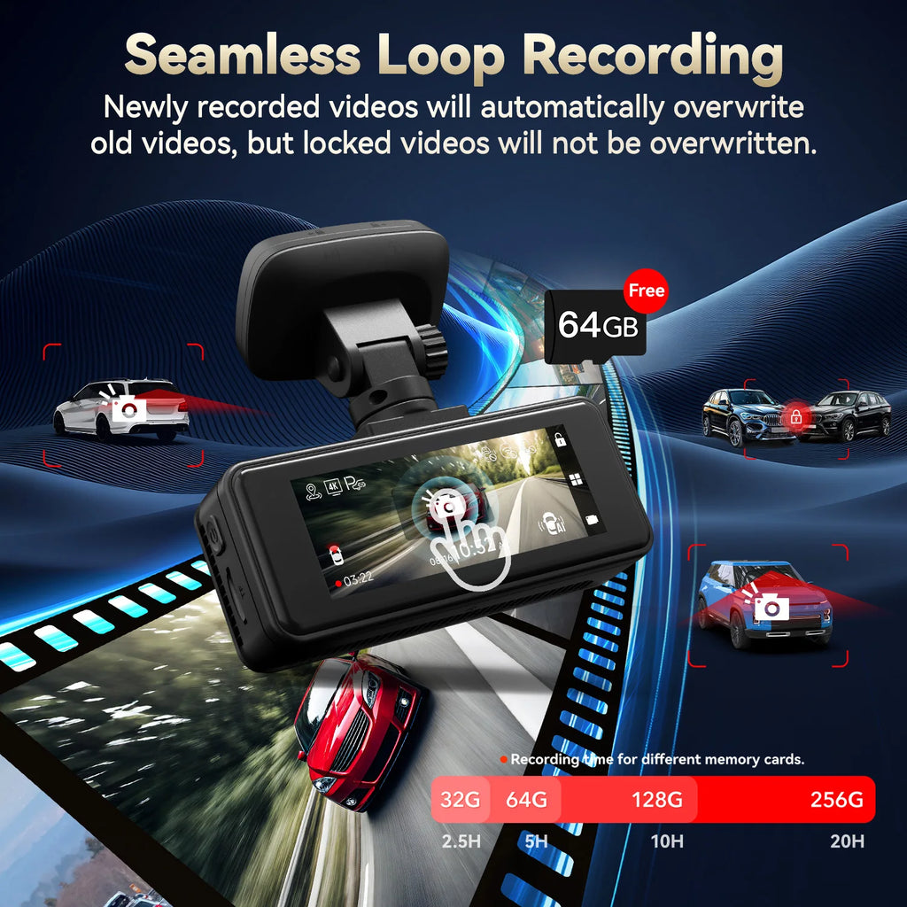 Car dashboard camera with seamless loop recording feature and memory card options on a blue background.   Product is a REDTIGER A8 4K+1080P ADAS Dash Cam 3.18" IPS Touch Screen Front And Rear Car Camera Built-in WiFi And GPS Car DVR Night Vision.