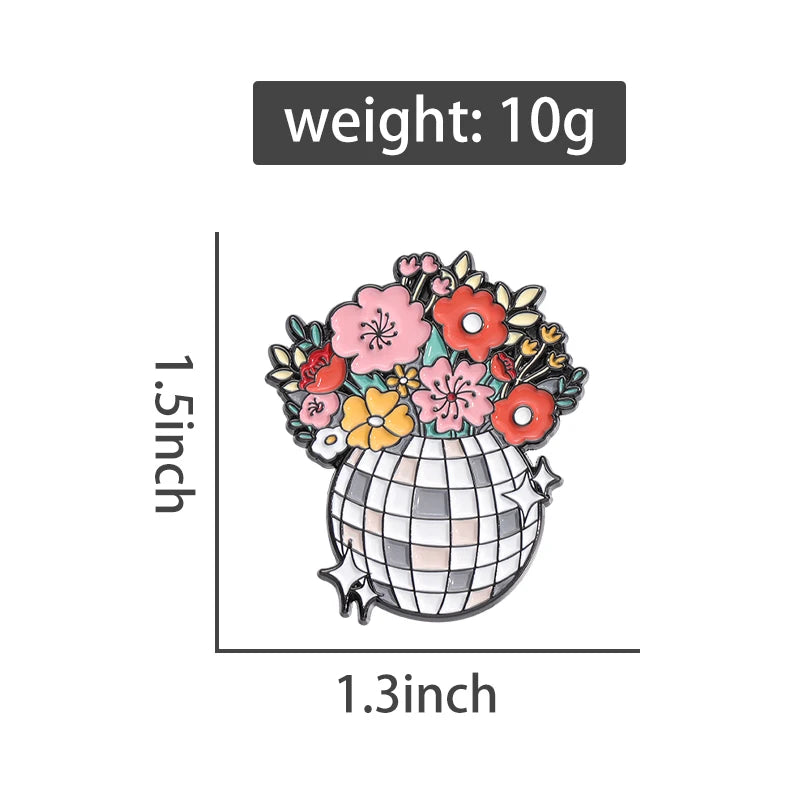 Flower Disco Shining Ball Enamel Pins Custom Bouquet Of Flowers Music Brooches Lapel Badges Jewelry Gift For Fans Friends