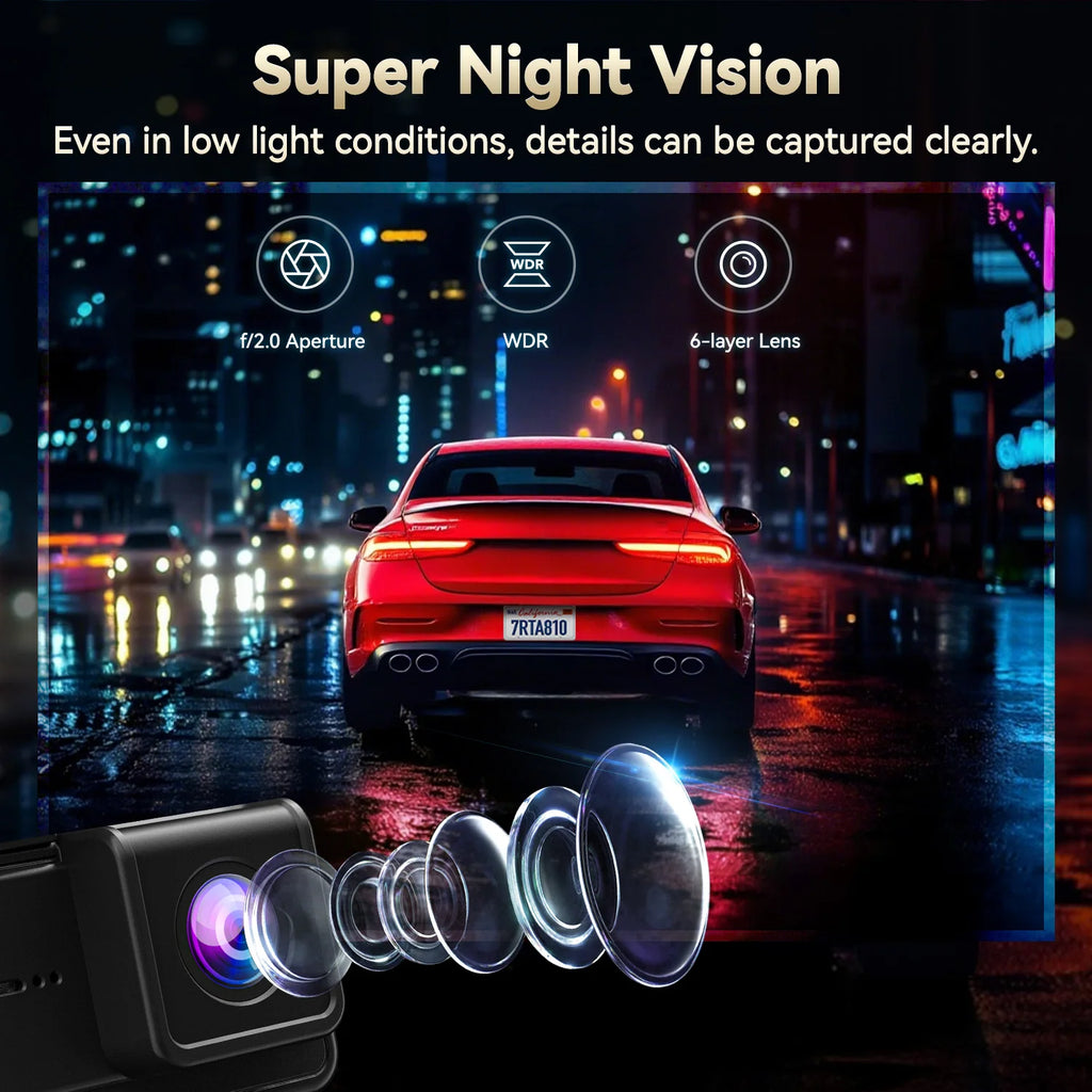 Car with super night vision feature on a city street at night.   Product is a REDTIGER A8 4K+1080P ADAS Dash Cam 3.18" IPS Touch Screen Front And Rear Car Camera Built-in WiFi And GPS Car DVR Night Vision.