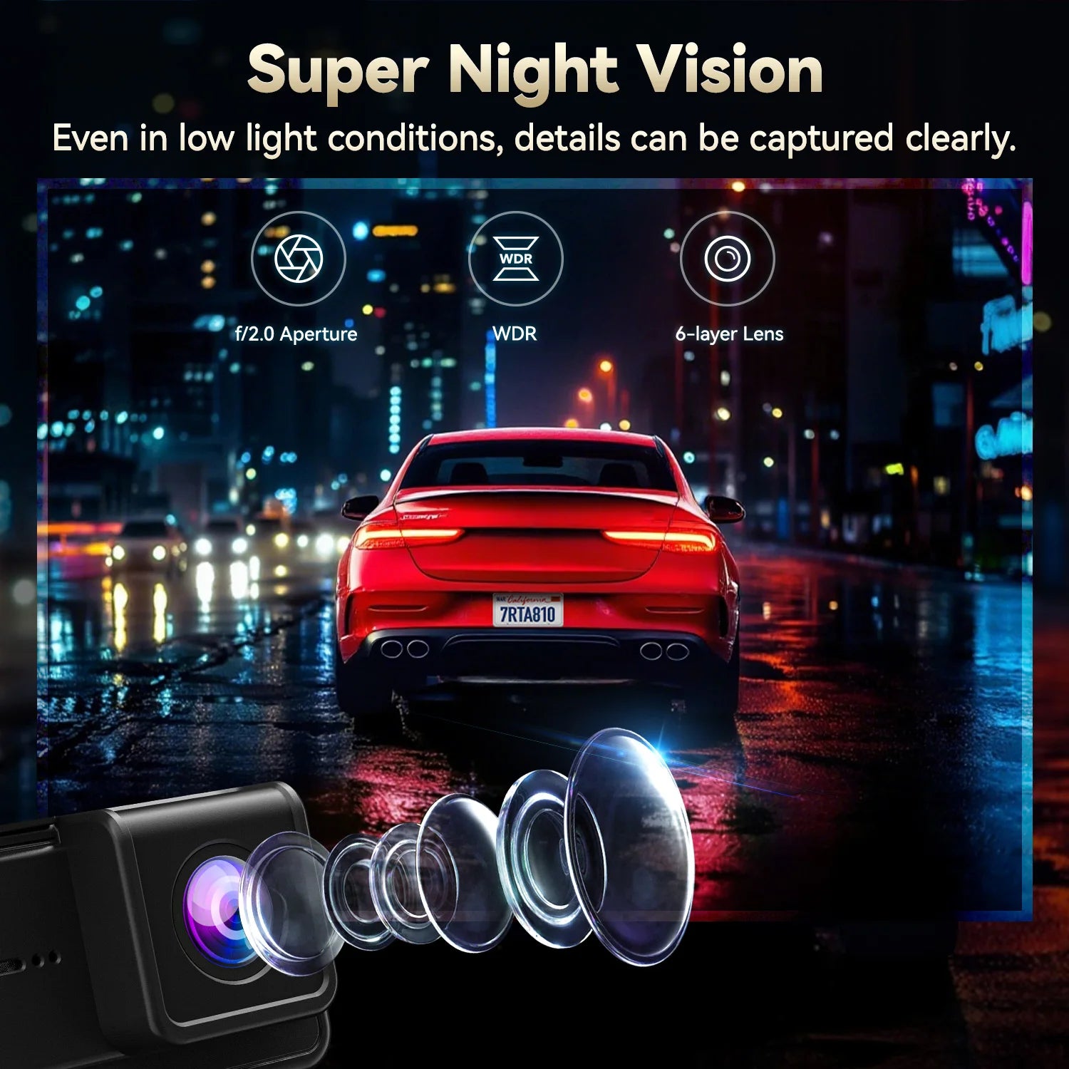 Car with super night vision feature on a city street at night.   Product is a REDTIGER A8 4K+1080P ADAS Dash Cam 3.18" IPS Touch Screen Front And Rear Car Camera Built-in WiFi And GPS Car DVR Night Vision.