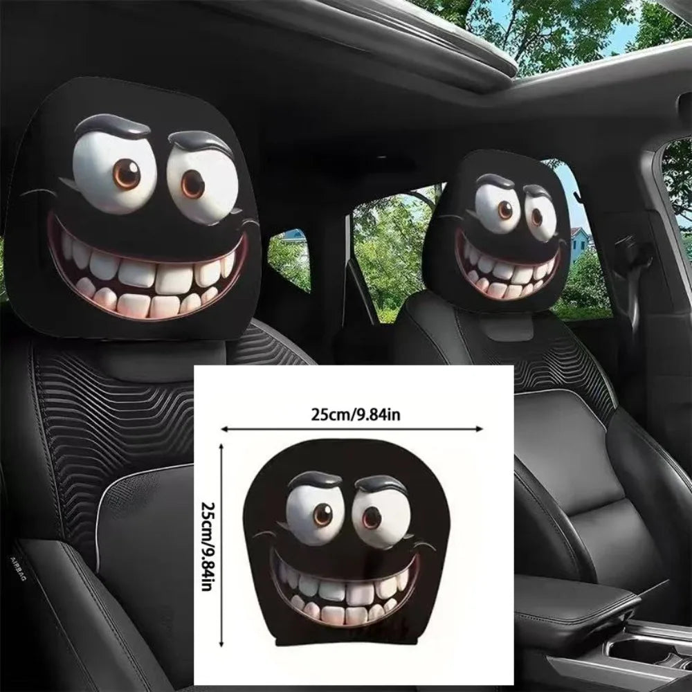 Car seat covers with cartoon face design in a car interior, including a size chart.