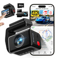Car dashboard camera with smartphone displaying app interface and 64GB microSD card.  Product is a REDTIGER A4 Dash Camera Front and Rear 4k Dash Cam  Drive Recorder for WiFi GPS.