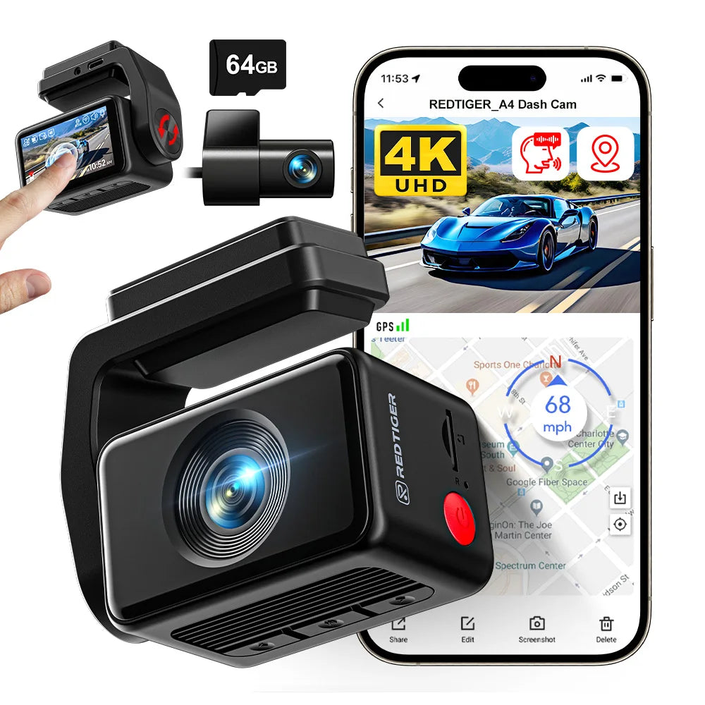 Car dashboard camera with smartphone displaying app interface and 64GB microSD card.  Product is a REDTIGER A4 Dash Camera Front and Rear 4k Dash Cam  Drive Recorder for WiFi GPS.