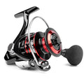 Fishing reel with black and red design on a white background