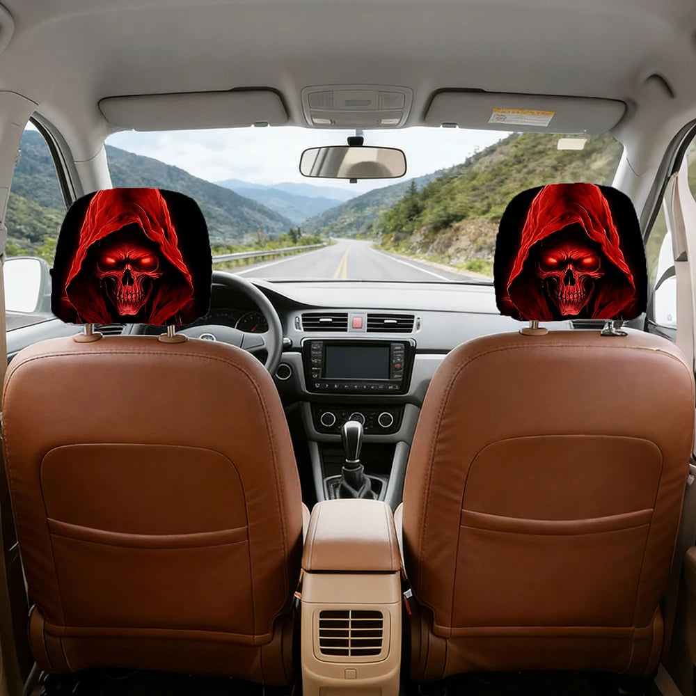 Glowing Red Eyes Reaper Skull Headrest Covers Set of 2, Washable Elastic Fabric, Universal Fit Spooky Halloween Car Accessories