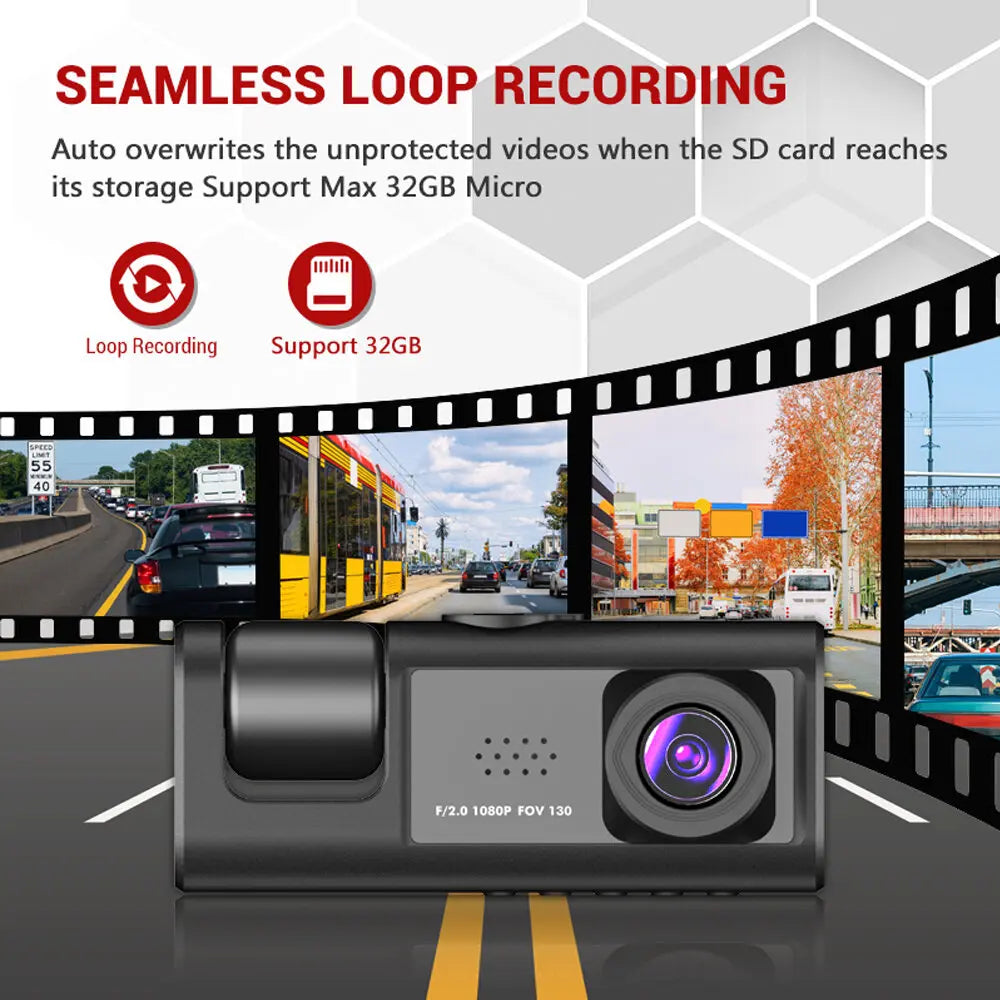 Car dashboard camera with seamless loop recording feature on a road scene background