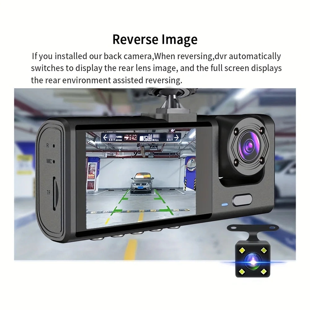 Car DVR with screen displaying a parking garage and rear camera view.  Dash Cam W/ IR Night Vision Loop Recording & 2" IPS Screen 1080P