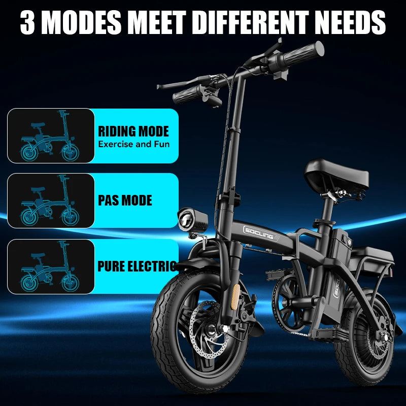 Electric bike with mode options on a dark background