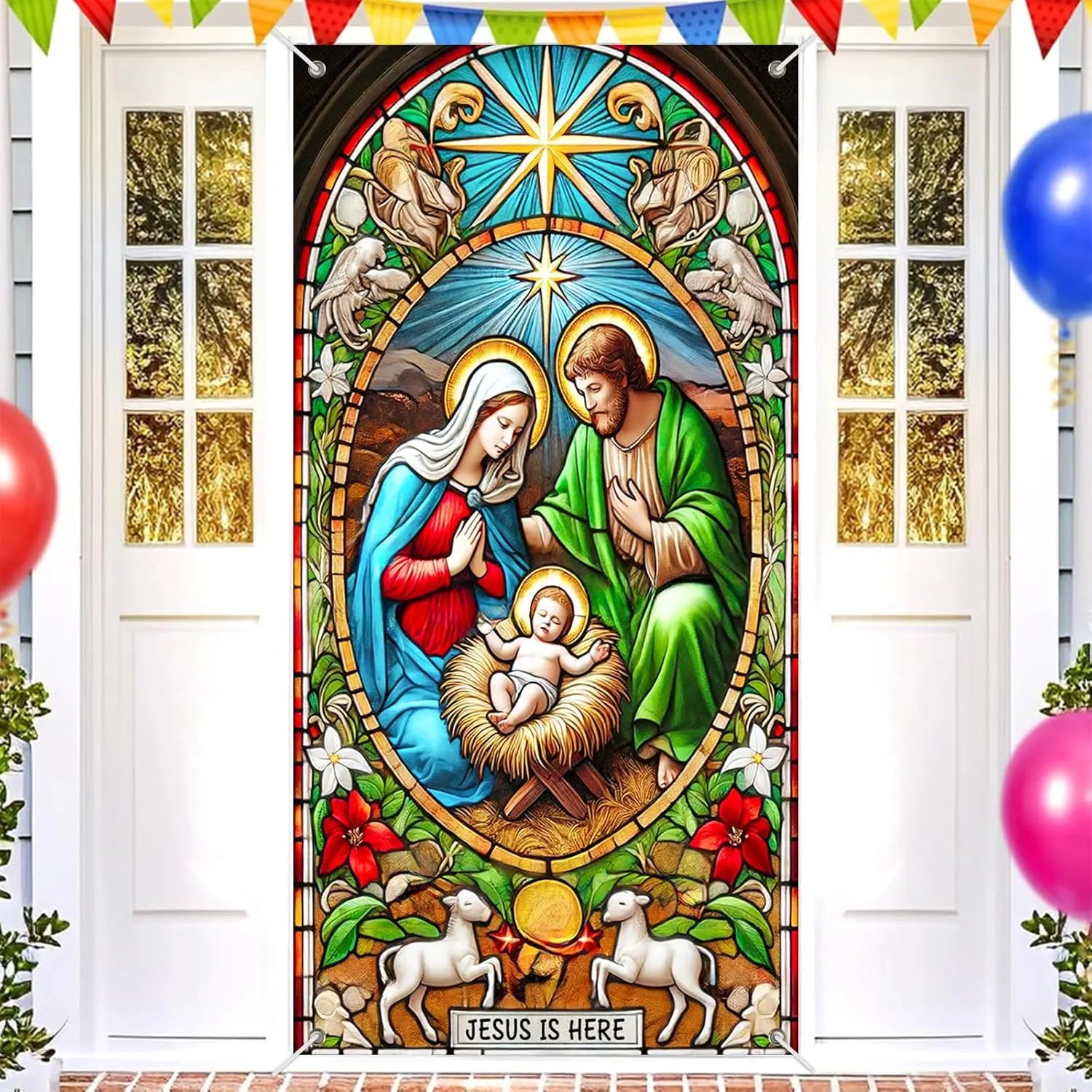 Christmas door casing banner, winter festival scene of the Nativity of Jesus, home decoration festival