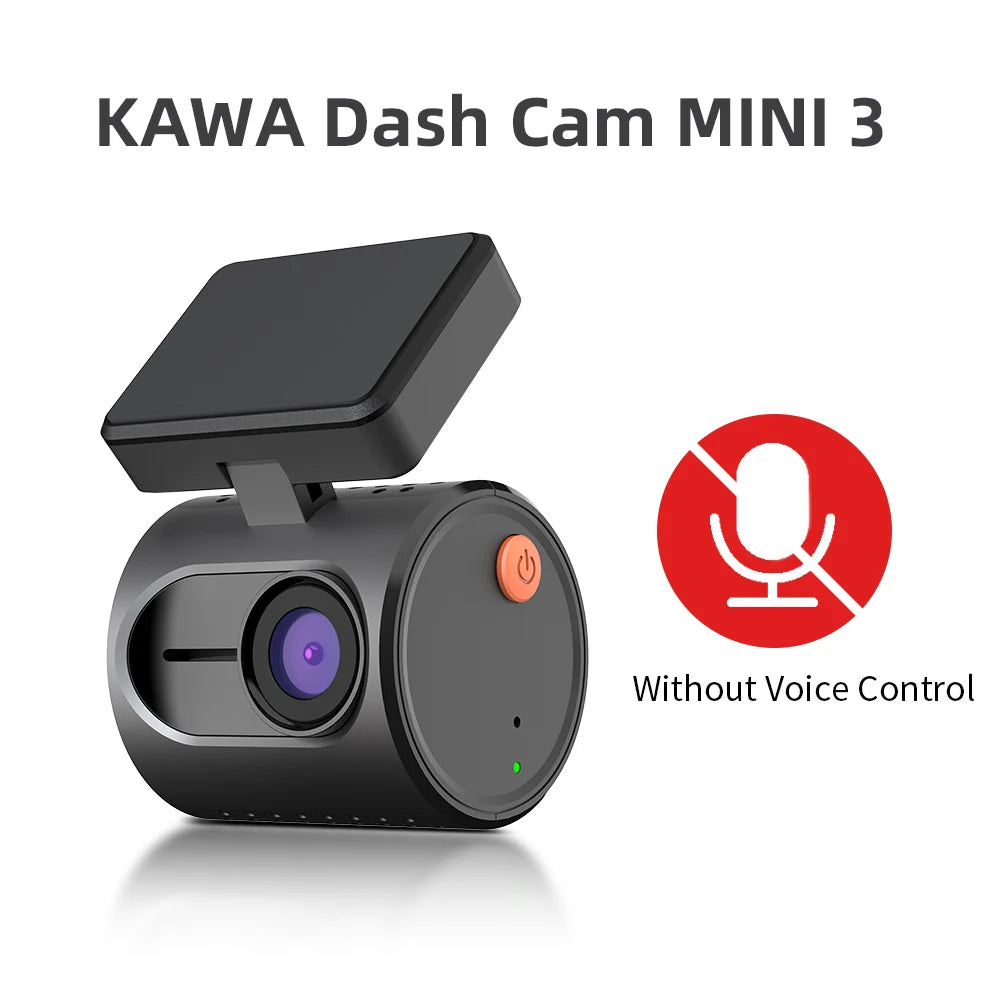 KAWA Dash Cam MINI 3 with microphone icon and text 'Without Voice Control' on a white background