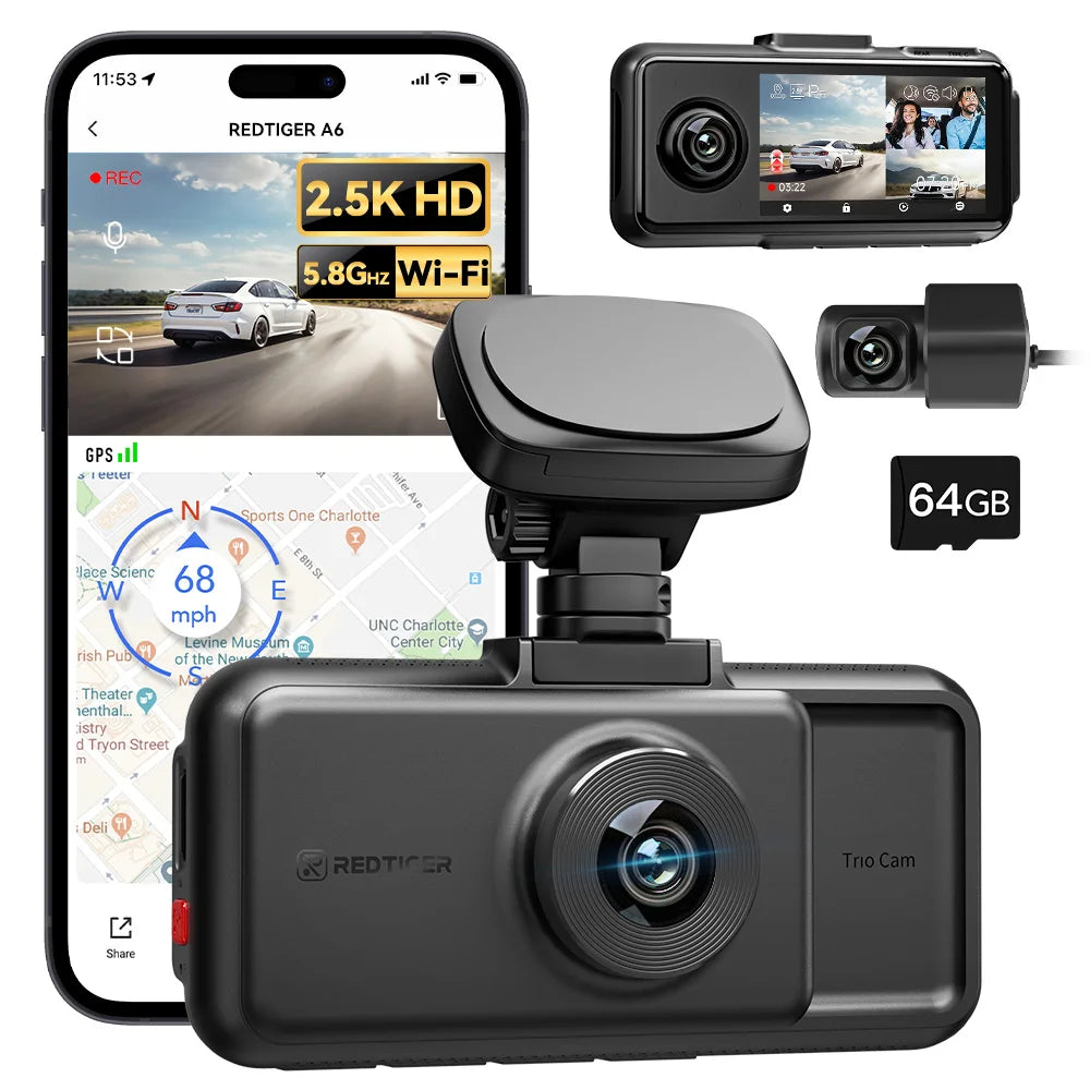 Red Tiger Car dashboard camera with smartphone displaying app interface, additional camera, and memory card.