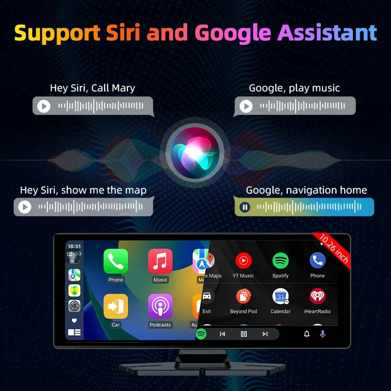 Car infotainment system with voice commands for Siri and Google Assistant on a dark background. 4K Dash Cam Wireless Carplay Android Auto 350° Rotating Lens Car DVR GPS