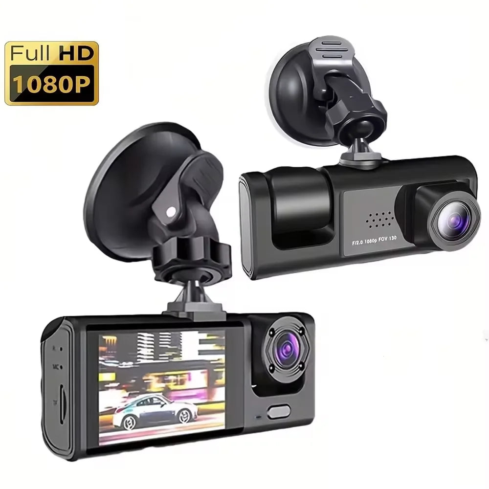 Car dashboard camera with screen displaying a car on a road, on a white background.