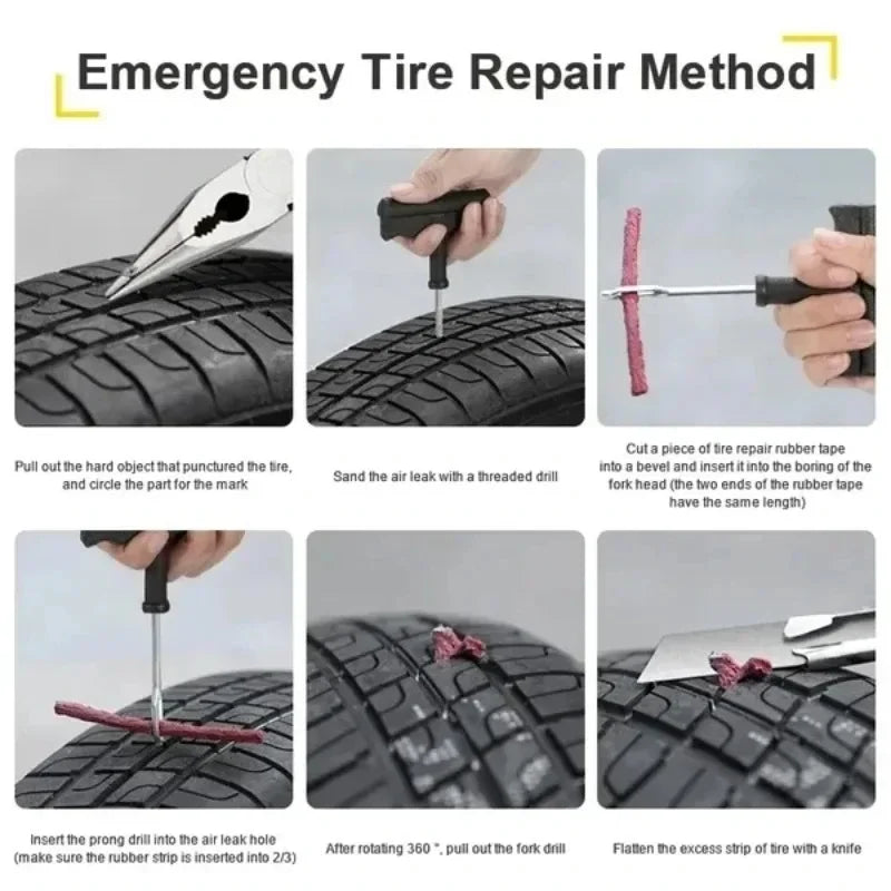 Step-by-step guide to emergency tire repair method with tools and actions.