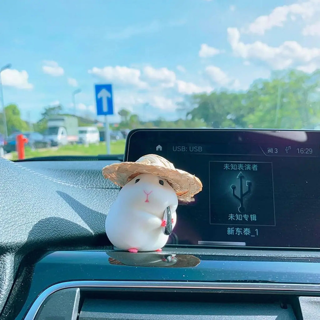 Cute Hamster with Straw Hat Car Dashboard Ornament Decoration