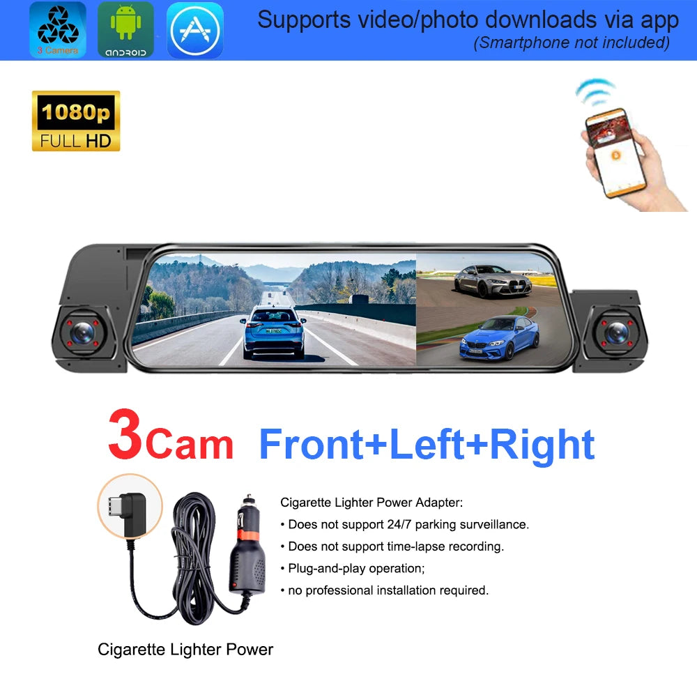 A 3-camera cigarette lighter power adapter for dashcams, shown with a car rearview mirror displaying road scenes and a hand holding a phone. Text highlights front, left, and right coverage, 1080p full HD, and plug-and-play operation.