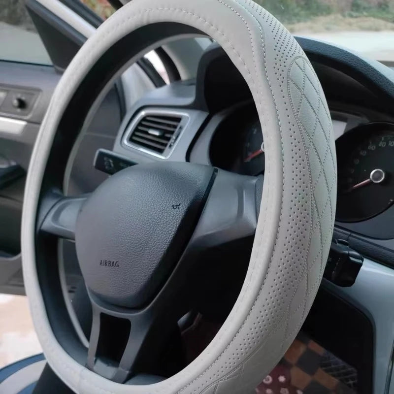 Embossed PU Leather Patchwork Car Steering Wheel Cover Anti-Slip Comfort